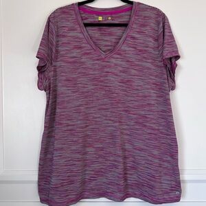 Xersion Pink Black White Striped Short Sleeve T-Shirt Size 2X Semi Fit V Neck